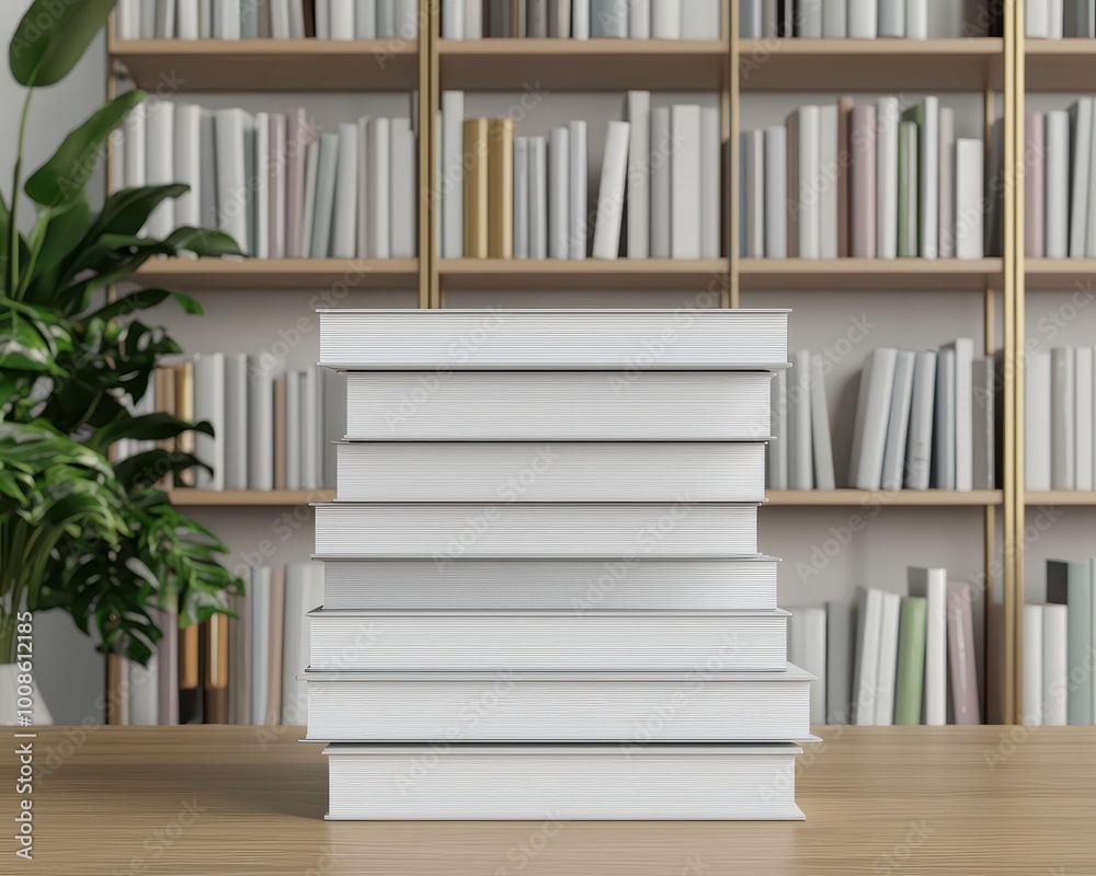 A neat stack of white books on a wooden table, with a blurred bookshelf and a green plant in the background, creating a cozy reading atmosphere. A neat stack of white books on a wooden table, with a blurred bookshelf and a green plant in the background, creating a cozy reading atmosphere.