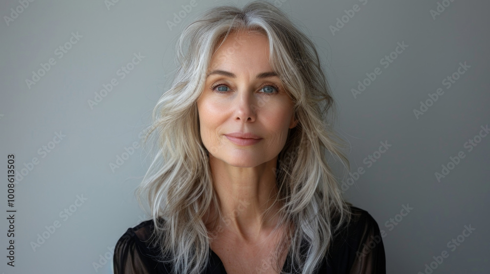 Naklejka premium studio portrait of a beautiful middle-aged Caucasian woman with long blond hair looking at the camera. White background