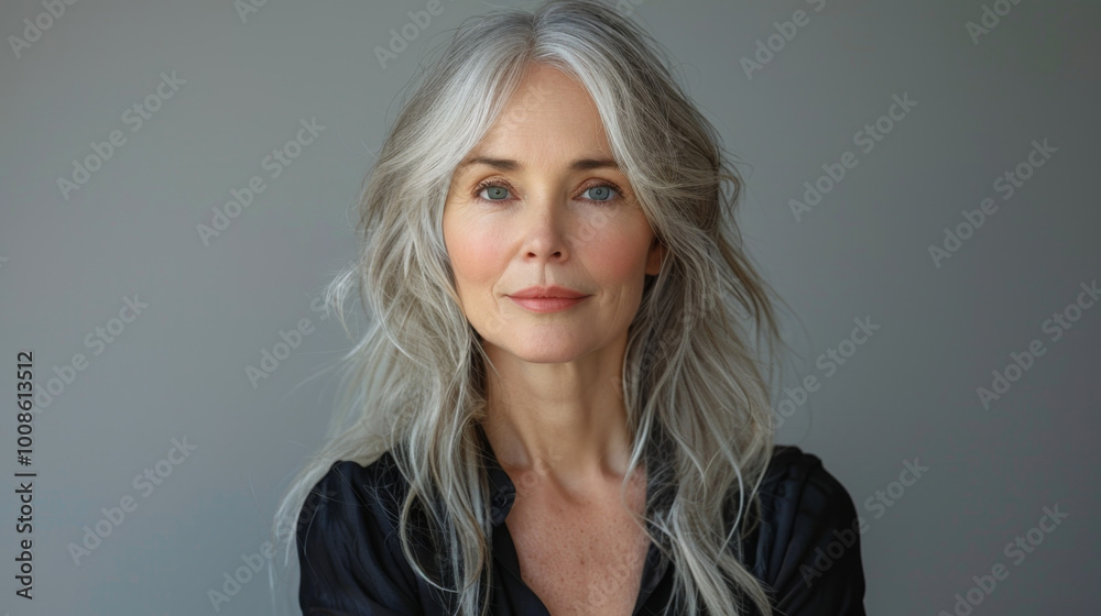 Fototapeta premium studio portrait of a beautiful middle-aged Caucasian woman with long blond hair looking at the camera. White background
