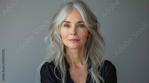 studio portrait of a beautiful middle-aged Caucasian woman with long blond hair looking at the camera. White background