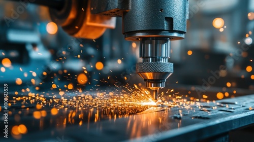 Closeup of a CNC Machine Cutting Metal with Sparks Flying photo