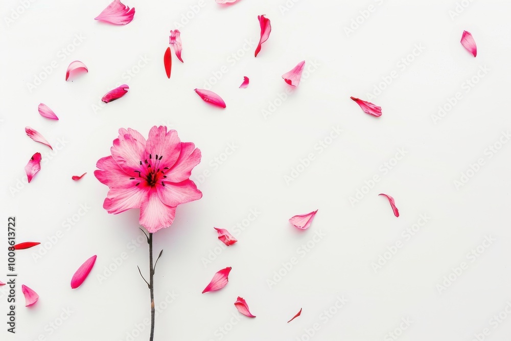 Minimalist flat lay with a single pink flower and scattered petals on a white background Minimalist flat lay with a single pink flower and scattered petals on a white background