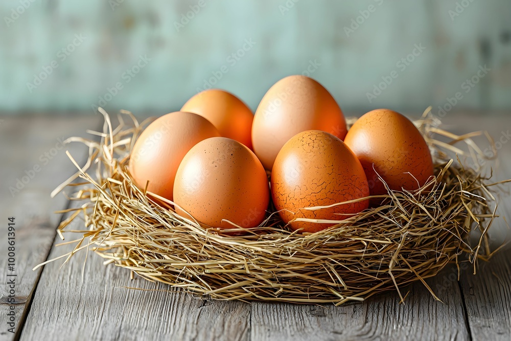 Fresh brown eggs resting in a woven straw nest on wooden table Fresh brown eggs resting in a woven straw nest on wooden table