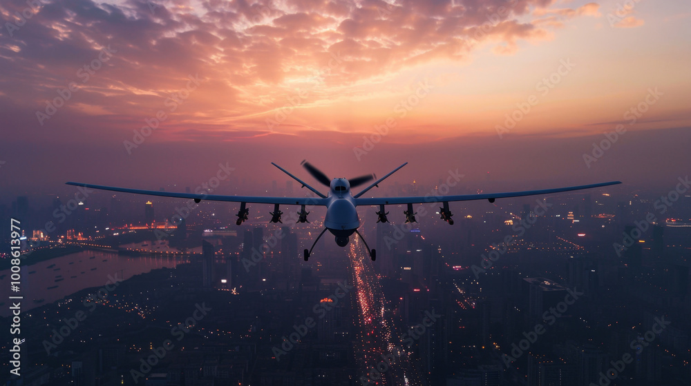 Naklejka premium a military unmanned vehicle flies over the city in the setting sun. top view panorama of the city and a flying military drone