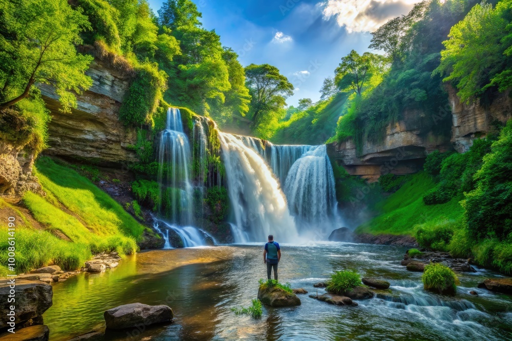 Naklejka premium Majestic Waterfalls Cascading Through Lush Greenery in the Heart of Iowa's Scenic Landscape