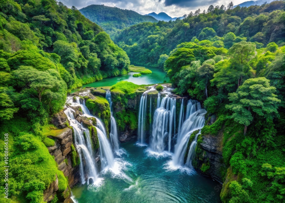 Fototapeta premium Majestic Waterfall Cascading Through Lush Greenery in Taiwan's Breathtaking Natural Landscape