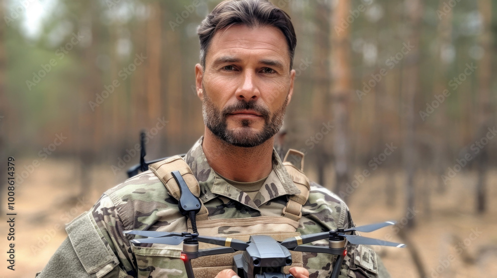 Fototapeta premium Portrait of Caucasian military drone operator holding drone in hands while in forest area