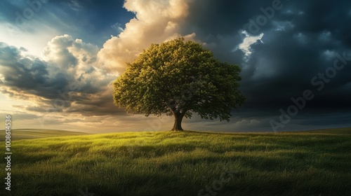 A panoramic view of an auspicious tree standing alone in a vast field, with dramatic clouds overhead, emphasizing its significance in the landscape.