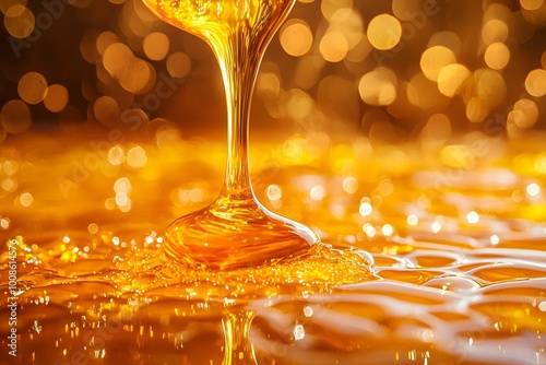 Golden honey dripping onto a reflective surface with glowing bokeh