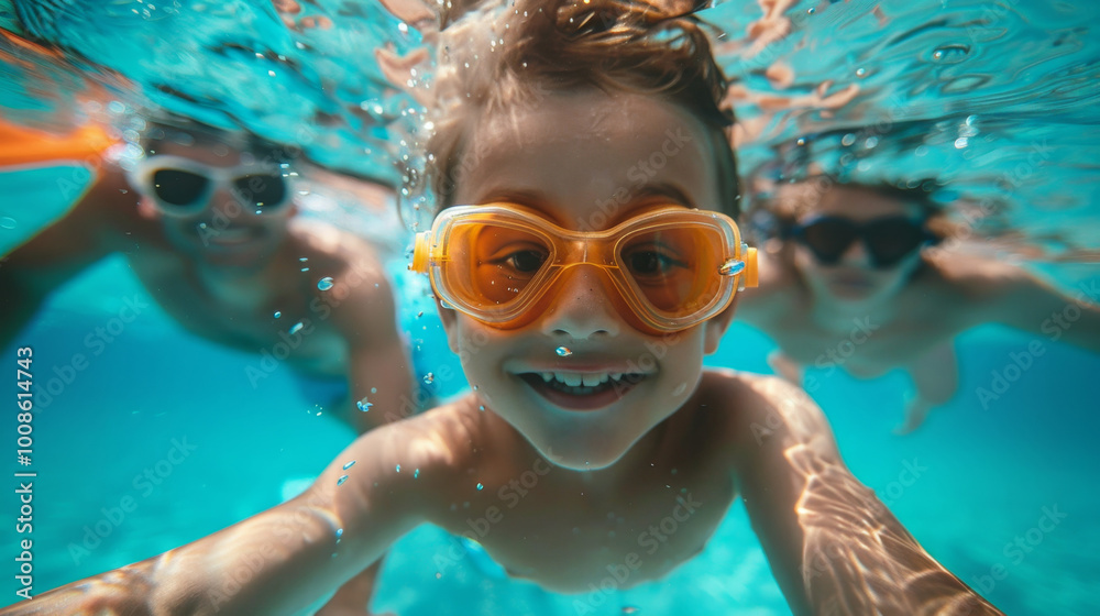Naklejka premium portrait of a happy Caucasian boy 7 years old swimming underwater with his family in the sea or pool on vacation looking at the camera