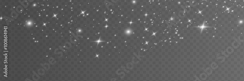 The dust sparks and white stars shine with special light. Vector sparkles on a transparent background. Christmas light effect. Sparkling magical dust particles.