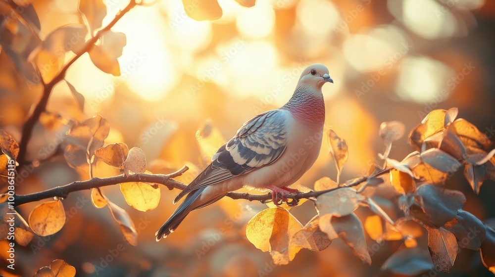A serene dove perches gracefully on a branch as soft sunlight filters through autumn leaves, creating a peaceful atmosphere perfect for reflection A serene dove perches gracefully on a branch as soft sunlight filters through autumn leaves, creating a peaceful atmosphere perfect for reflection