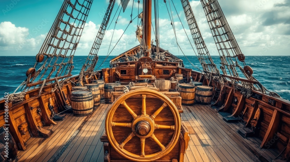 Fototapeta premium A wooden pirate ship deck with barrels and crates scattered around, with the ship's wheel in the foreground and the open sea stretching to the horizon.