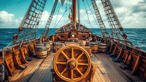 A wooden pirate ship deck with barrels and crates scattered around, with the ship's wheel in the foreground and the open sea stretching to the horizon. photo