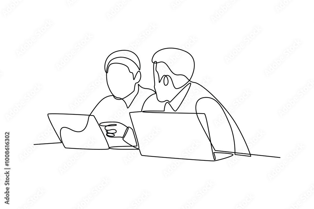 One single line drawing group of people discussing about project in front of laptop. Trendy teamwork concept continuous line draw design vector illustration One single line drawing group of people discussing about project in front of laptop. Trendy teamwork concept continuous line draw design vector illustration