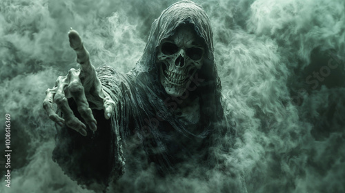 A figure resembling a grim reaper death, wearing a hood and having a skull for a face