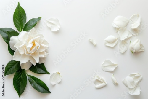 White Camellia Flower with Green Leaves on White Minimalist Background