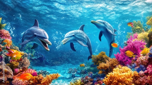 A pod of dolphins swimming near a coral reef, playfully exploring their colorful surroundings in the clear water.