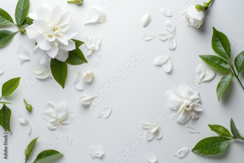 White Camellia Flower with Green Leaves on White Minimalist Background