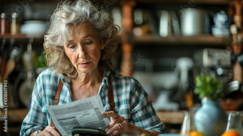 woman pensioner with calculator counts family expenses holding payment documents in hands while at home photo