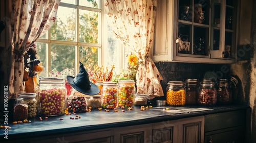 A charming kitchen adorned with delightful Halloween decorations, showcasing jars filled with colorful candies and sweets, creating a playful autumn atmosphere.