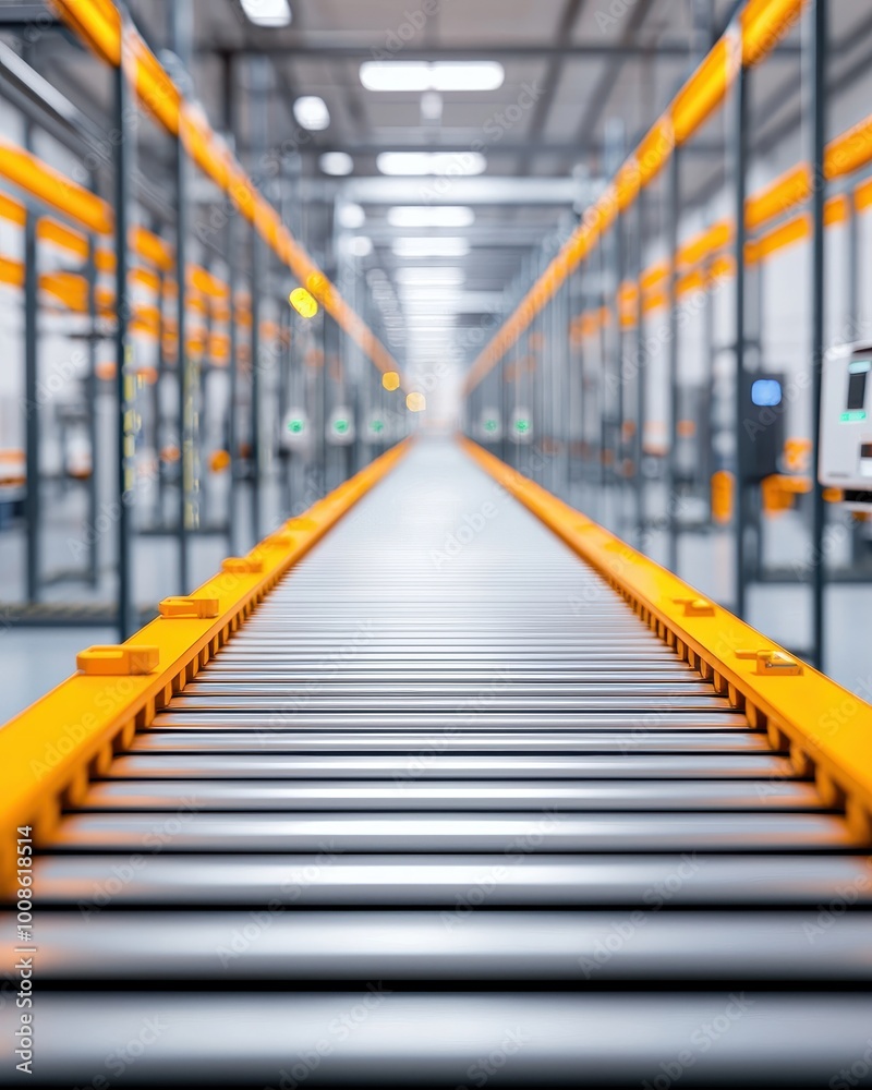 Conveyor belt in a modern warehouse with bright lighting and spacious interior Conveyor belt in a modern warehouse with bright lighting and spacious interior