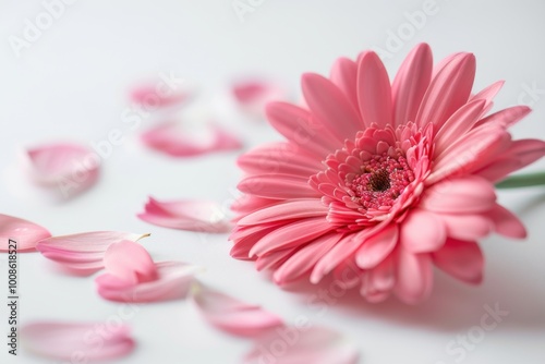 Minimalist floral display with a pink gerbera daisy and petals on a white background