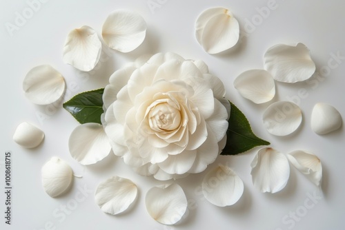 White Camellia Flower with Green Leaves on White Minimalist Background