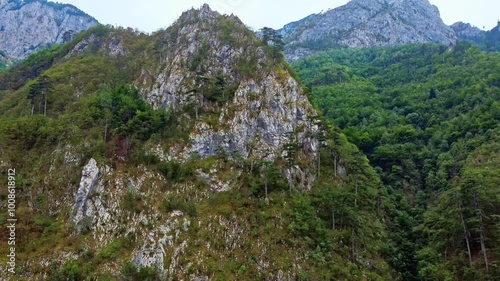 Aerial View of Serene Rainforest in Bosnia's Herzegovina National Park – Tranquil Scenery, Dense Woodland, Mountain Peaks, and Cloudscape in Scenic Balkans Wilderness