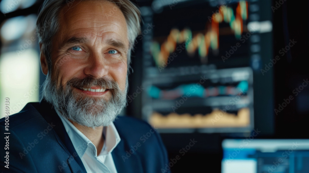 Experienced financial analyst working at his desk with stock market charts displayed on multiple screens during a busy trading day