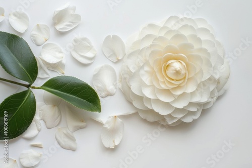 White Camellia Flower with Green Leaves on White Minimalist Background