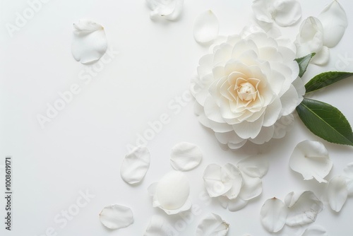 White Camellia Flower with Green Leaves on White Minimalist Background
