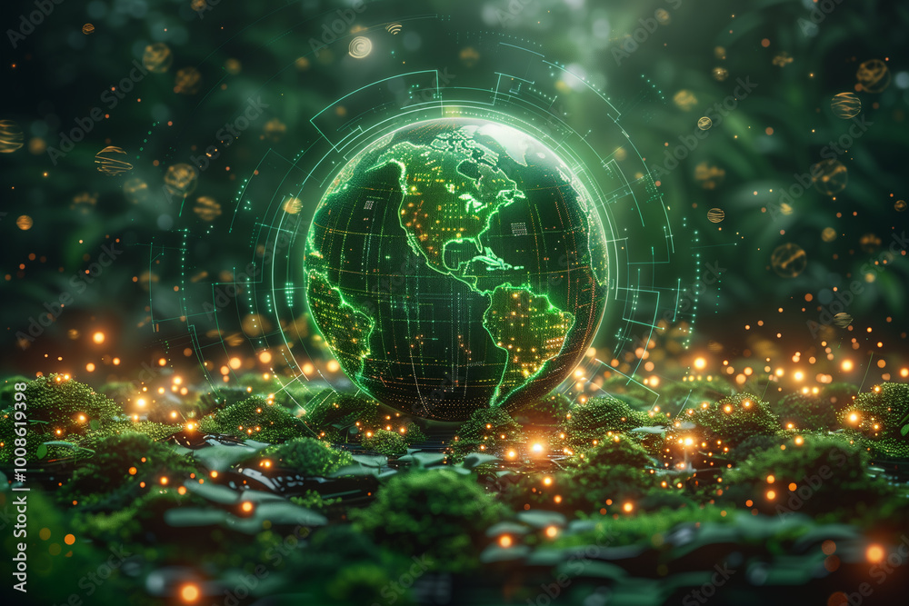 Obraz premium A glowing green globe representing Earth, surrounded by lush greenery and glowing particles. The globe features digital data overlays, harmony between nature and technology.
