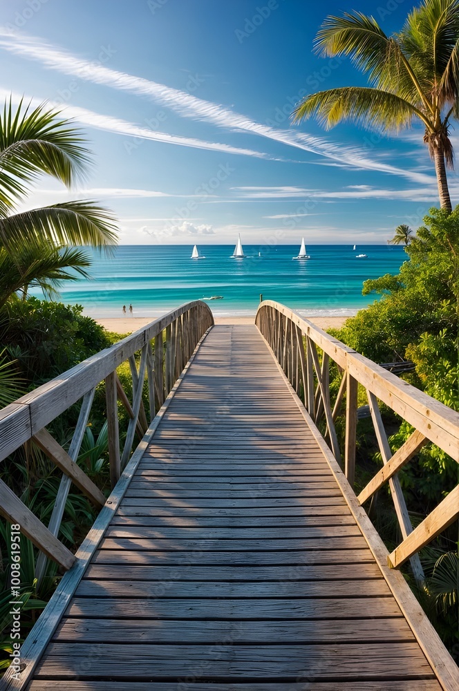 wooden bridge that leads to the beach and sea, ocean wooden bridge that leads to the beach and sea, ocean