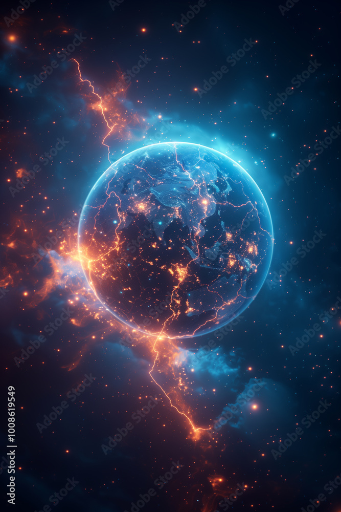 glowing Earth surrounded by cosmic elements. The planet is illuminated with bright blue and orange hues, showcasing city lights and intricate details of the continents. glowing Earth surrounded by cosmic elements. The planet is illuminated with bright blue and orange hues, showcasing city lights and intricate details of the continents.