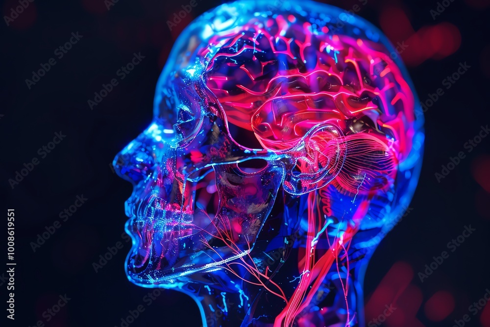 3D anatomy, neon brain and nerves, flat design illustration