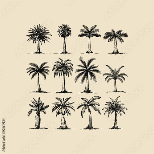 Set of palm tree engraved vintage design