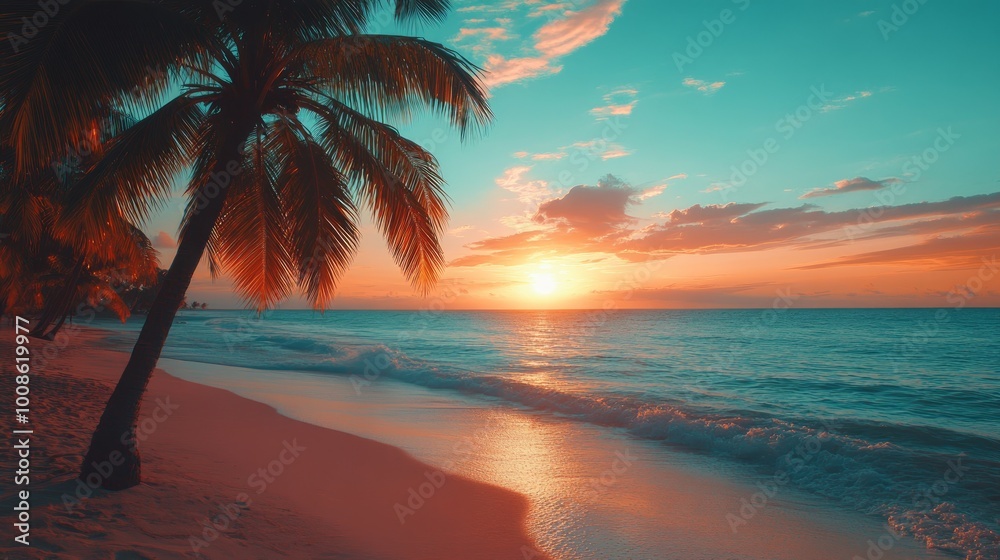 A palm tree stands silhouetted against a vibrant sunset on a tropical beach with the ocean in the background. A palm tree stands silhouetted against a vibrant sunset on a tropical beach with the ocean in the background.