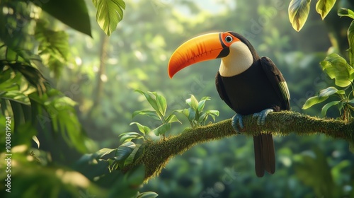 A toucan perched on a tropical branch, its bright beak and exotic features adding a splash of color to a lush rainforest scene.