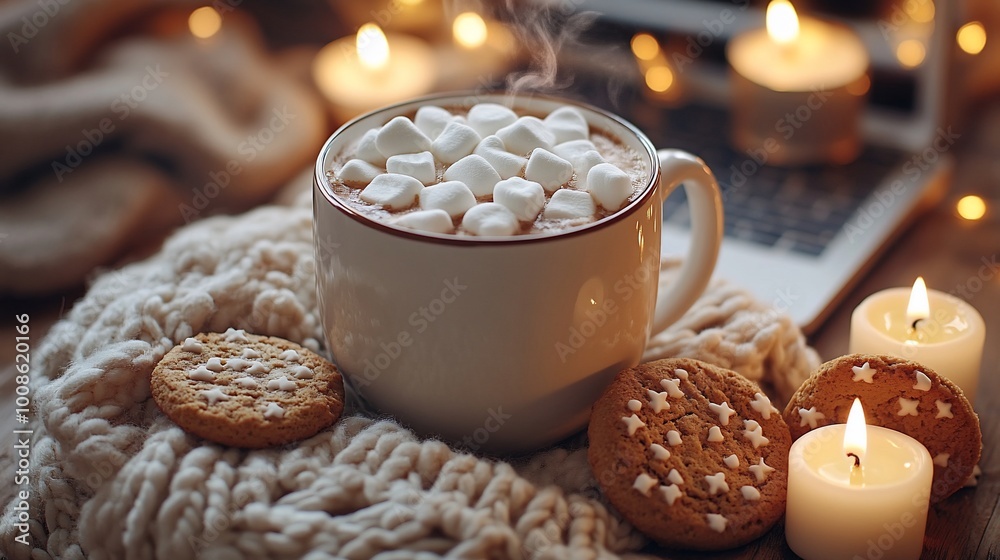 A warm cup of hot chocolate with marshmallows and cookies surrounded by candles on a cozy knitted blanket. A warm cup of hot chocolate with marshmallows and cookies surrounded by candles on a cozy knitted blanket.