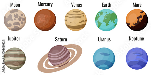 Set of vector Planets isolated transparent background. Moon, Mercury, Venus, Earth, Mars, Jupiter, Saturn, Uranus and Neptune collection. EPS 10