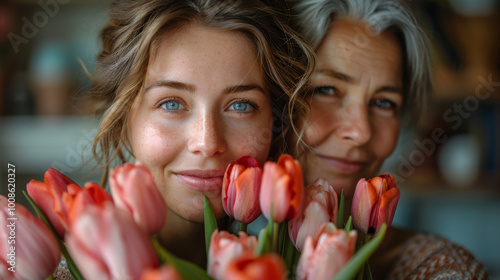 portrait of beautiful caucasian woman hugging and her elderly mother holding bouquet of tulips, mother's day concept, adult daughter with her mother photo