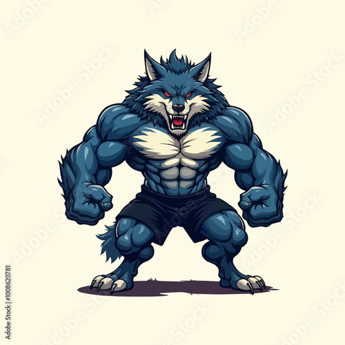 Powerful Angry wolf mascot logo. A fierce anthropomorphic deep blue wolf character with a muscular body vector illustration..  photo