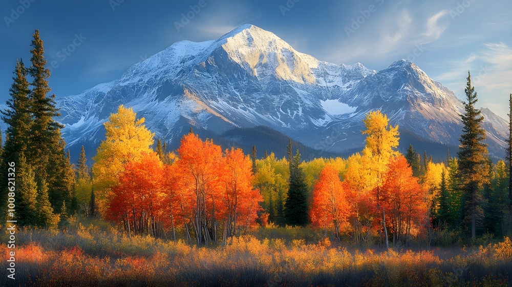 Towering mountain peak, autumn scenery with vibrant fall colors, clear sky with no clouds, crisp atmosphere, golden and red leaves. Towering mountain peak, autumn scenery with vibrant fall colors, clear sky with no clouds, crisp atmosphere, golden and red leaves.