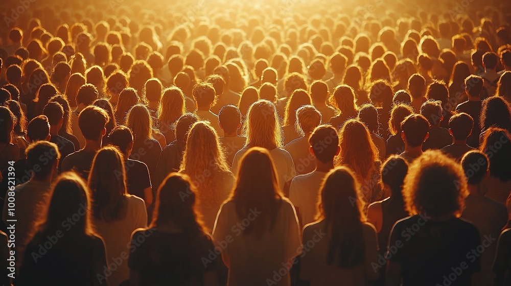 Obraz premium A large crowd of people are silhouetted against a bright light.