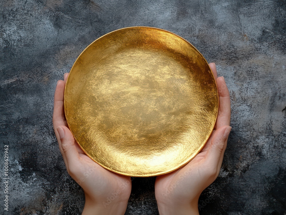 top view photo of a hand holding luxurious gold empty plate top view photo of a hand holding luxurious gold empty plate