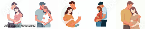 vector set of a husband and wife hugging their pregnant wife in a flat design style