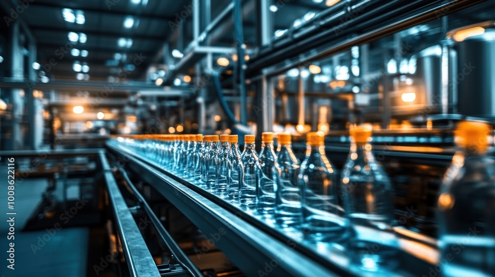 Bottles Moving Along a Conveyor Belt in a Factory
