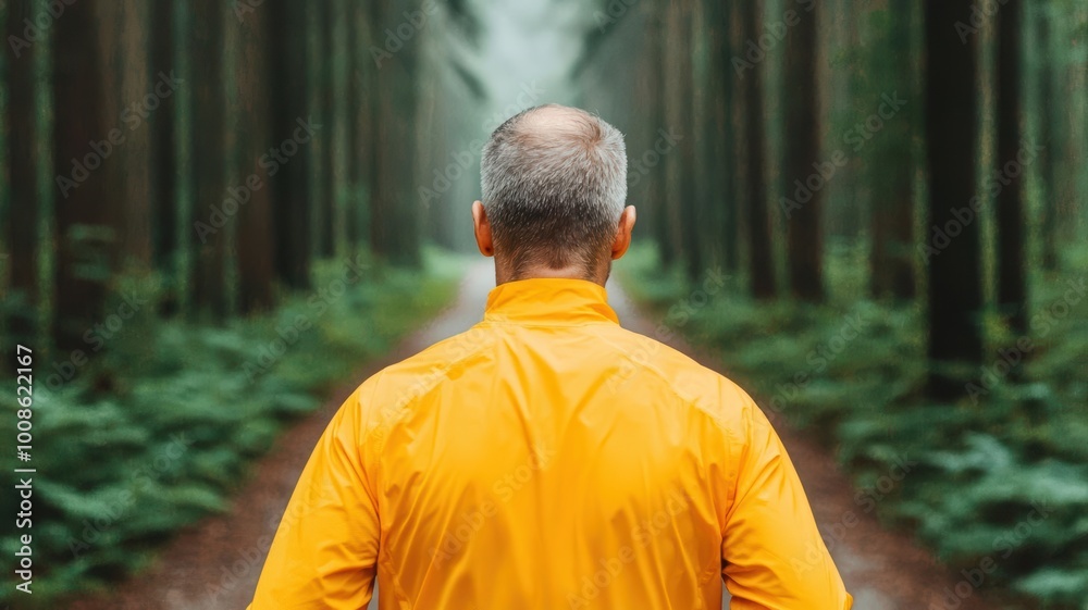 A trail runner wearing sleek, modern reflective gear running at dawn through a dense forest A trail runner wearing sleek, modern reflective gear running at dawn through a dense forest