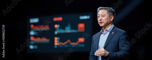 Chinese tycoon presenting at a tech conference, holographic graphs displaying company growth, business growth, Chinese billionaires photo
